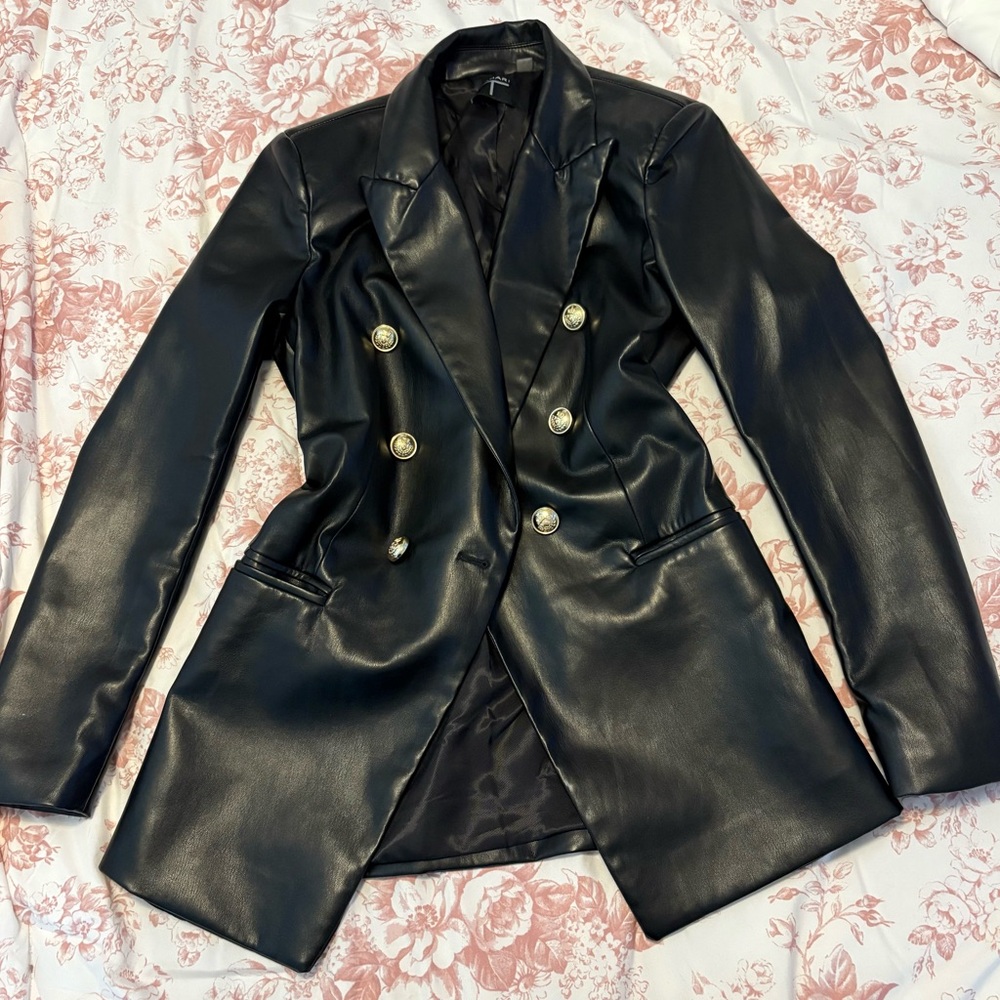 Tahari Black Faux Leather Blazer with Gold Buttons